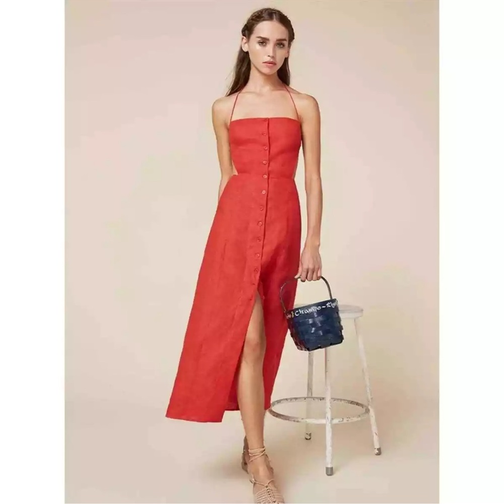 Reformation Manon Linen Tencel Cut Out Open Back Midi Dress in Red Size 6 NWOT